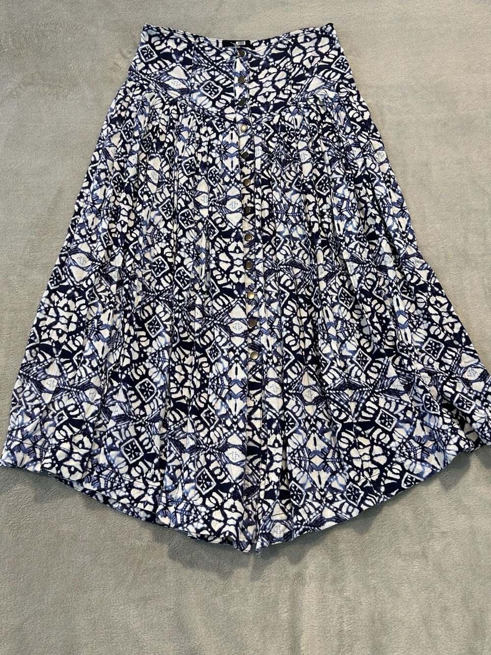 Anthropologie Skirt Blue White Geometric Print Button Front Midi Skirt